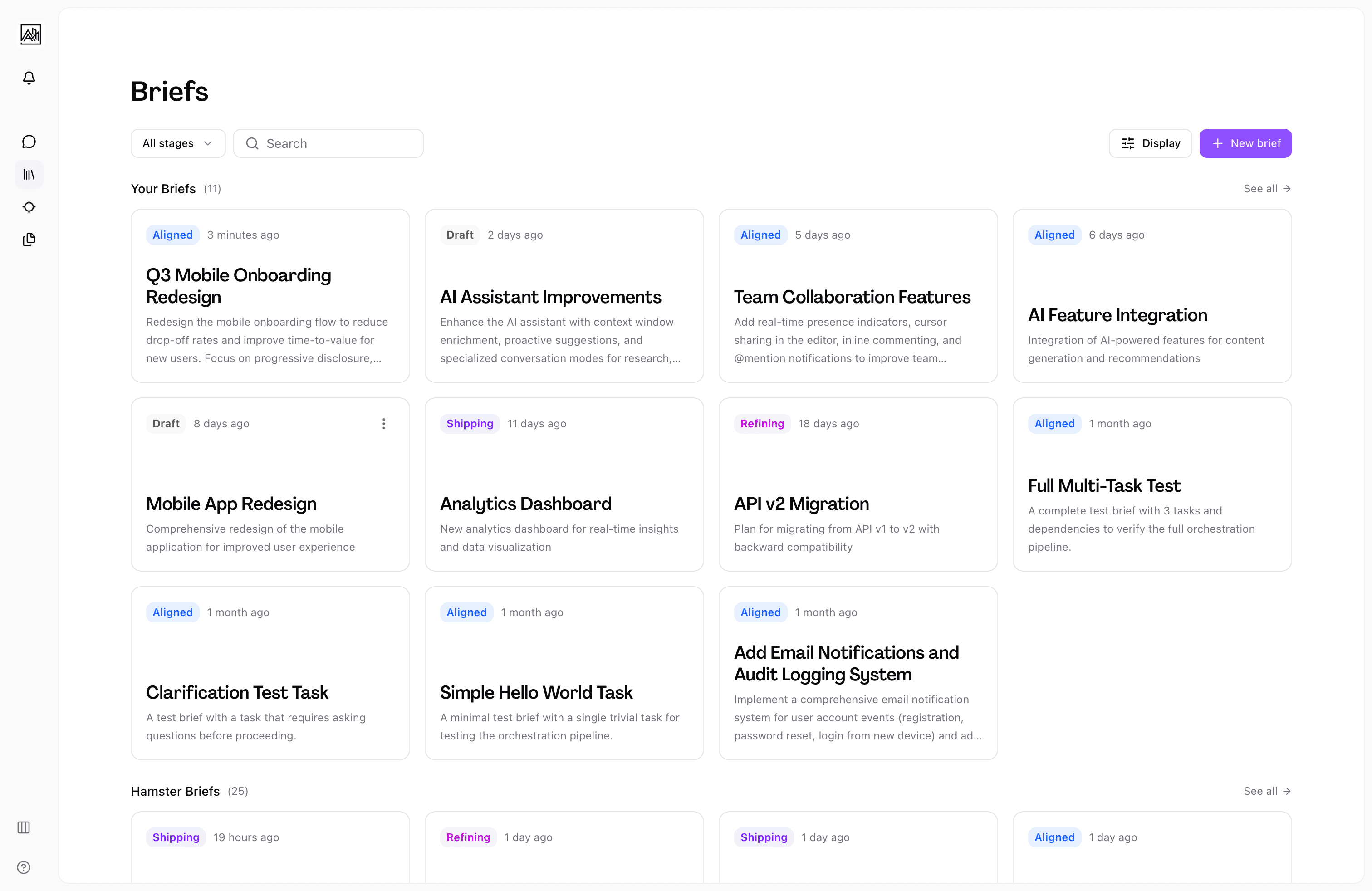 Hamster workspace with briefs dashboard